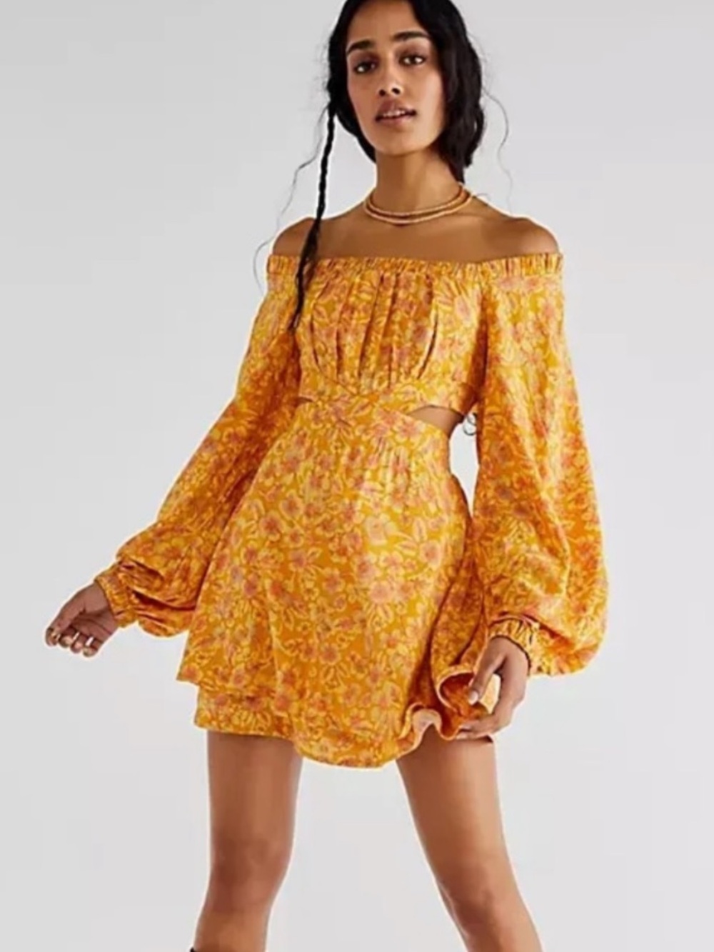 NWT Free People Women’s Jael Floral Mini Dress in golden yellow in size Small